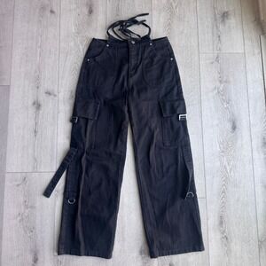 CHUU Womens L Black Cargo Pants Wide Leg Utility Strap D Ring Korean Streetwear